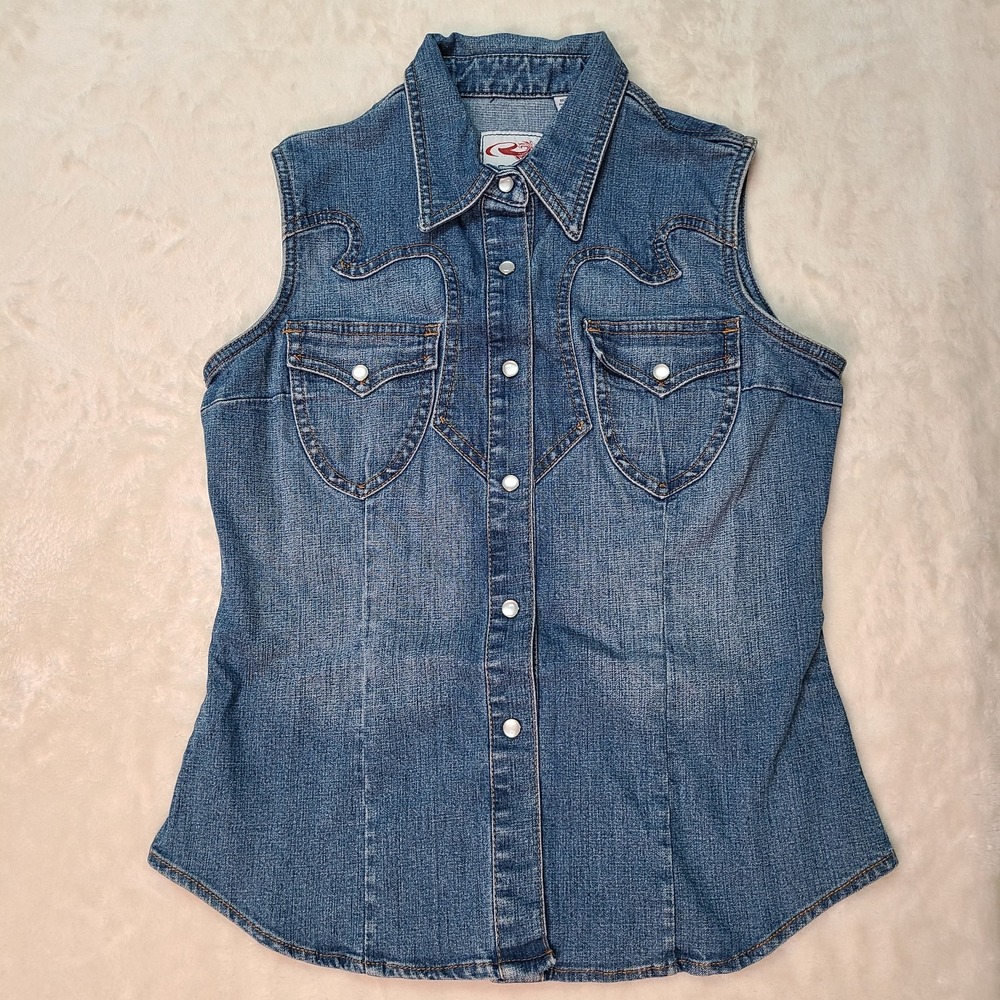 Roper Western Pearl Snap Sleeveless Jean Denim Vest Shirt XS Blue